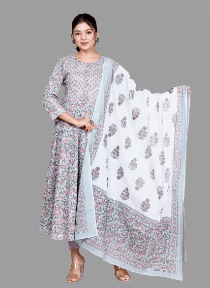 Doriyaan Cotton Printed Anarkali Women's Kurti - Blue ( Pack of 1 ) - Kurtis, Tunics | Buy online on ZillyBuy