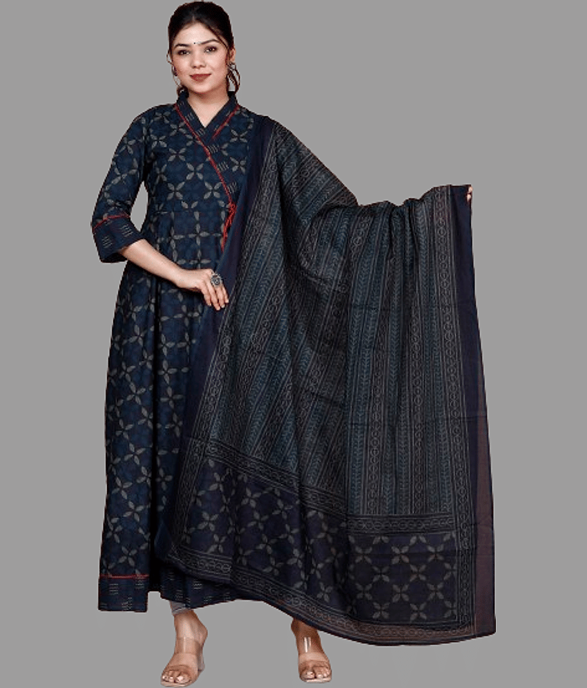 Doriyaan Cotton Printed Anarkali Women's Kurti - Blue ( Pack of 1 ) - Kurtis, Tunics | Buy online on ZillyBuy