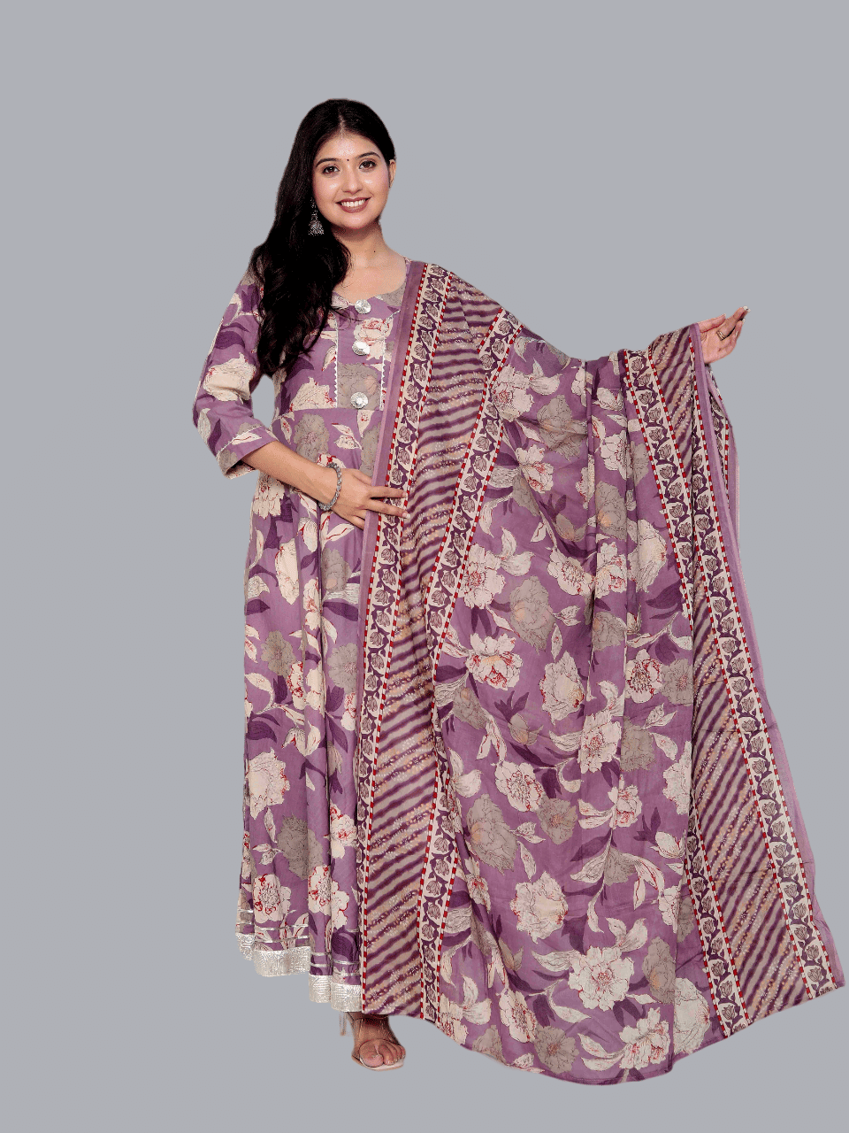    			Doriyaan Cotton Printed Anarkali Women's Kurti - Purple ( Pack of 1 )