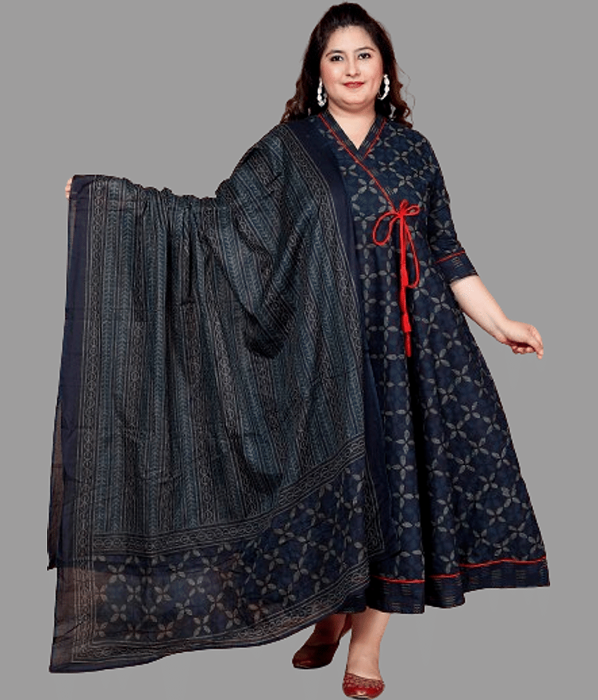 Doriyaan Cotton Printed Angrakha Women's Kurti - Blue ( Pack of 1 ) - Kurtis, Tunics | Buy online on ZillyBuy