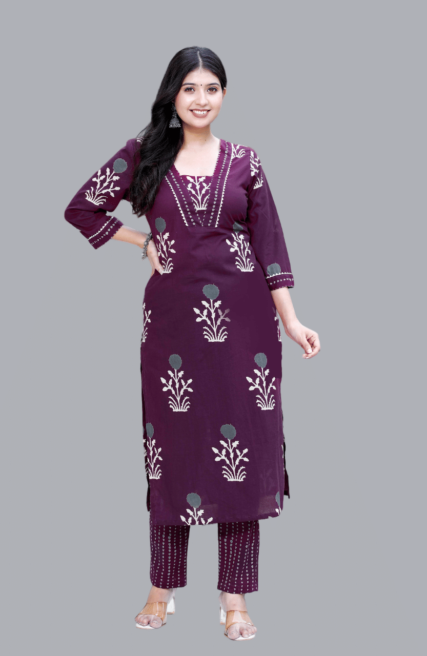 Doriyaan Cotton Printed Kurti With Pants Women's Stitched Salwar Suit - Purple ( Pack of 1 )