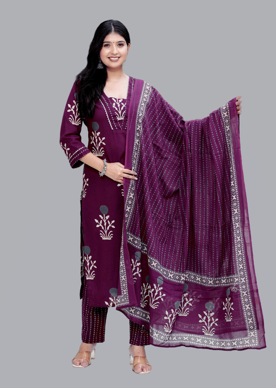Doriyaan Cotton Printed Kurti With Pants Women's Stitched Salwar Suit - Purple ( Pack of 1 )