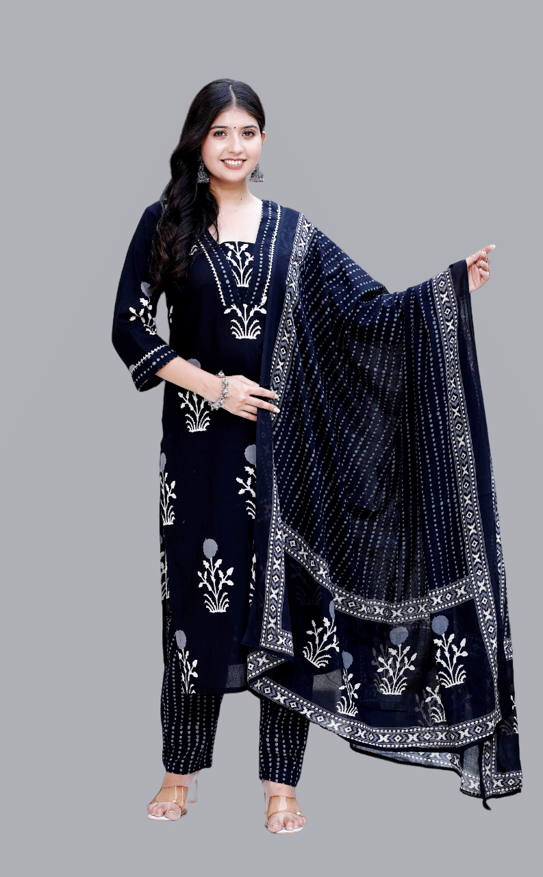     			Doriyaan Cotton Printed Kurti With Pants Women's Stitched Salwar Suit - Black ( Pack of 1 )
