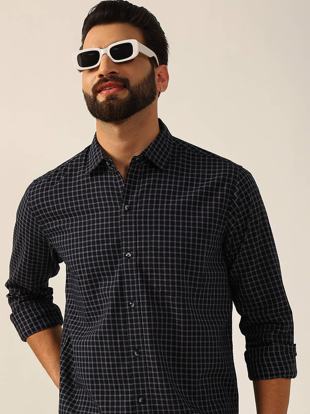 ENSPYR Cotton Blend Regular Fit Checks Full Sleeves Men's Casual Shirt - Navy Blue ( Pack of 1 )