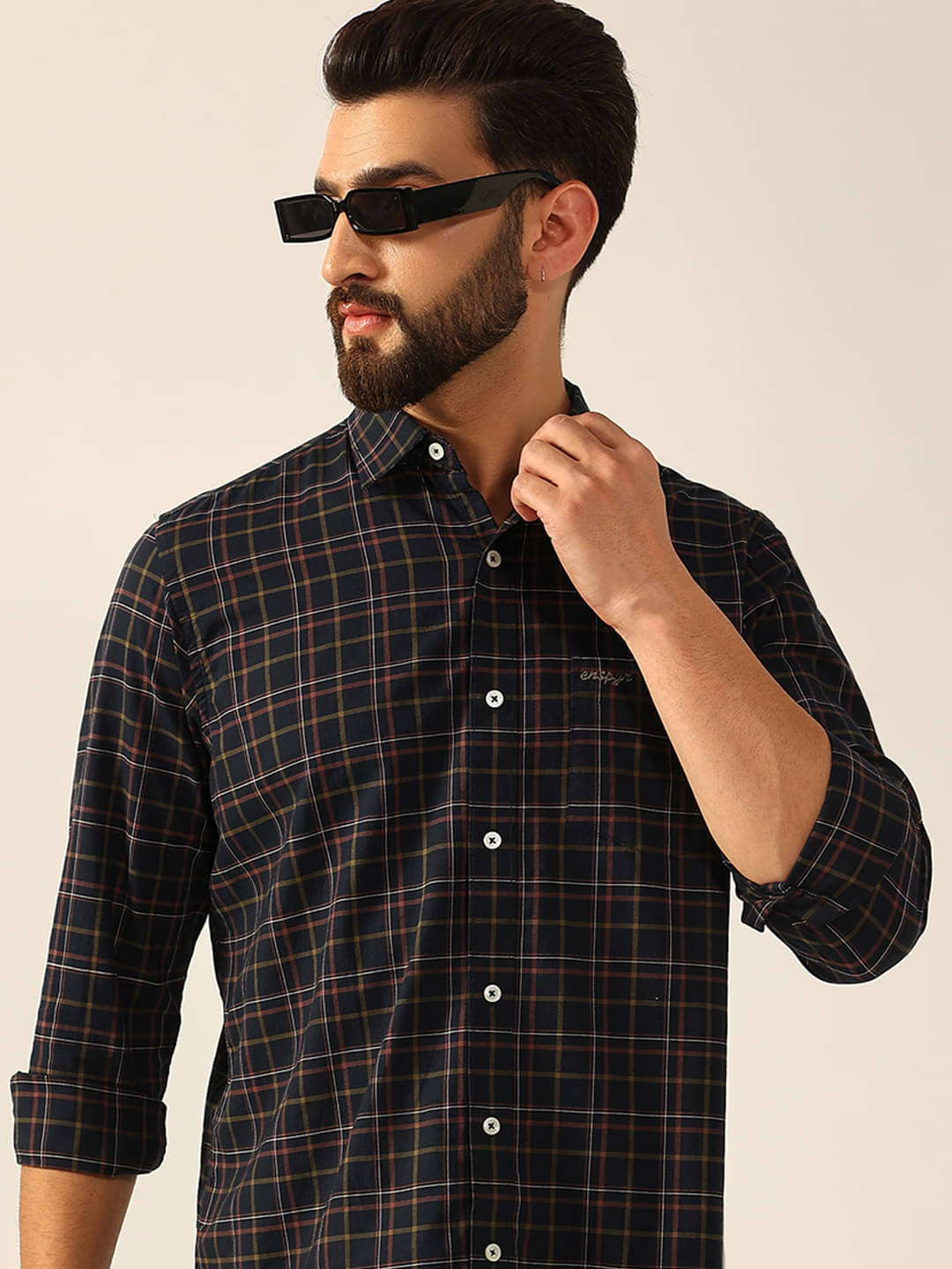 ENSPYR Cotton Blend Regular Fit Checks Full Sleeves Men's Casual Shirt - Navy Blue ( Pack of 1 ) ENSPYR Cotton Blend Regular Fit Checks Full Sleeves Men's Casual Shirt - Navy Blue ( Pack of 1 )