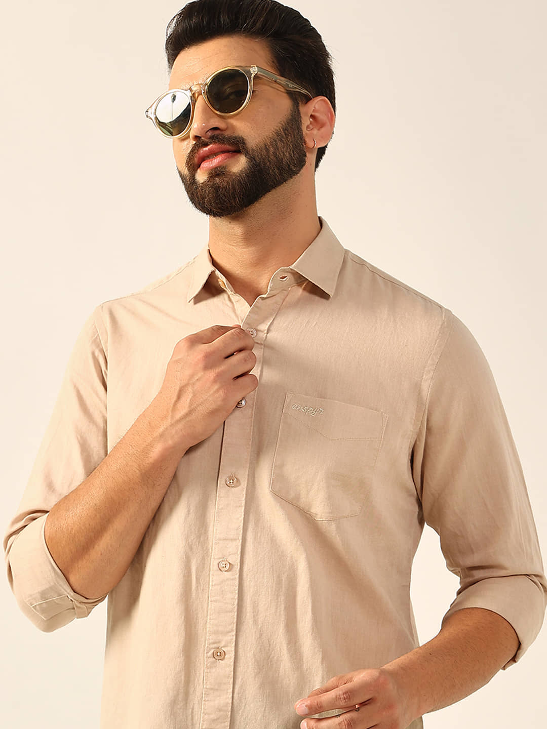 ENSPYR Cotton Blend Regular Fit Solids Full Sleeves Men's Casual Shirt - Beige ( Pack of 1 )