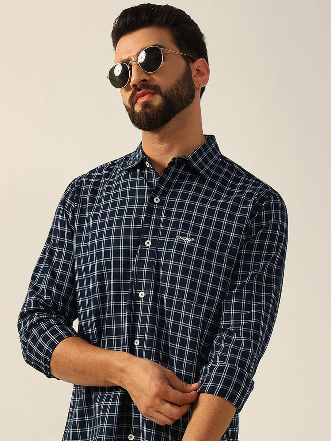 ENSPYR Cotton Blend Regular Fit Checks Full Sleeves Men's Casual Shirt - Navy Blue ( Pack of 1 )     			ENSPYR Cotton Blend Regular Fit Checks Full Sleeves Men's Casual Shirt - Navy Blue ( Pack of 1 )