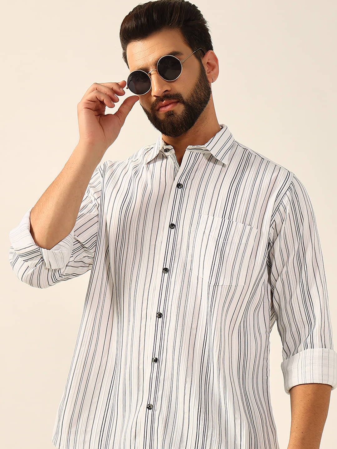 ENSPYR Cotton Blend Regular Fit Striped Full Sleeves Men's Casual Shirt - White ( Pack of 1 )