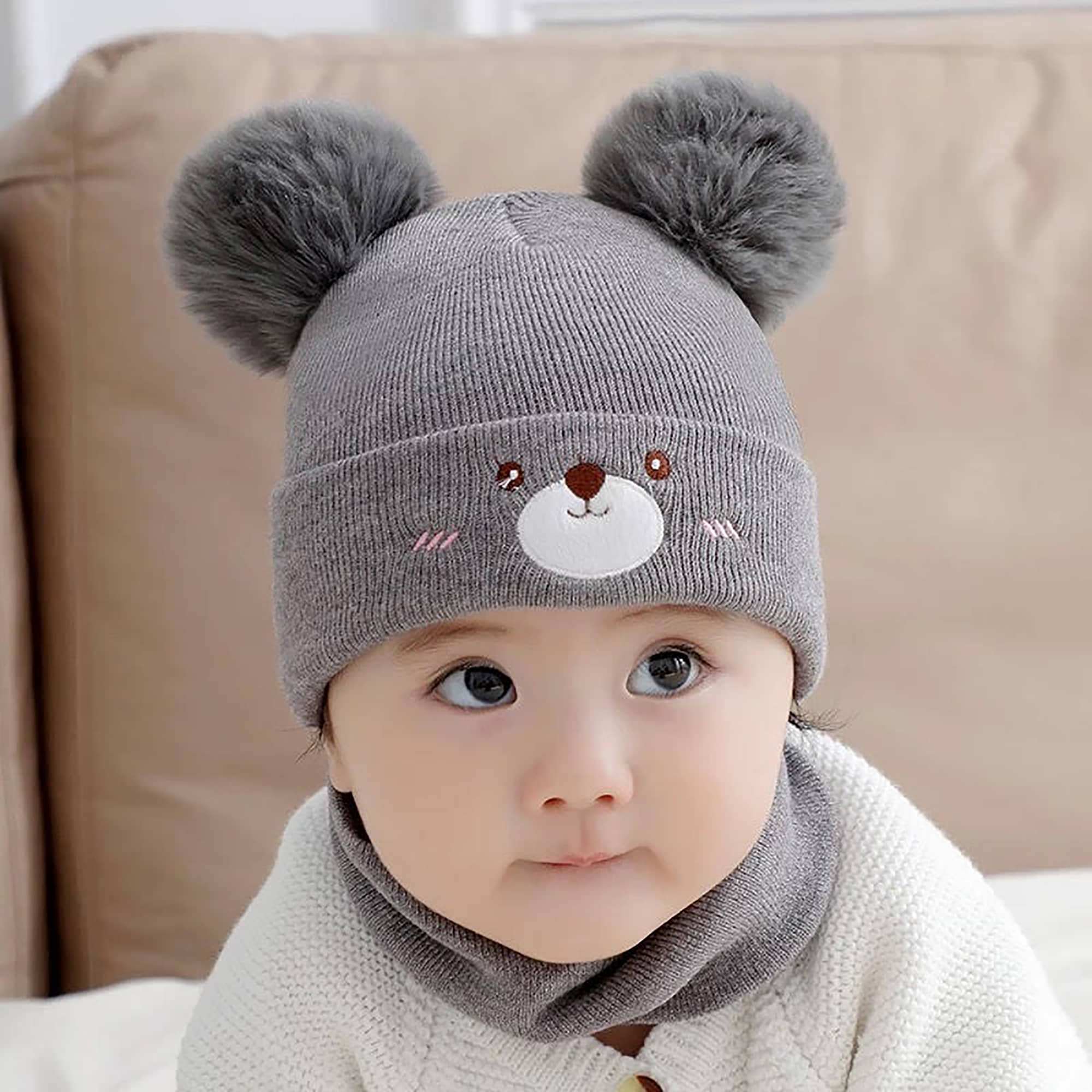 Infispace Baby's Woolen Skull Beanie Teddy Cap with Neck Warmer | Knit Woolen Hat Cap Neck Scarf Soft Wool Warm for Boys & Girs (Age: 6 Months to 4 Years)thandi ki cap topi kids topi monkey cap