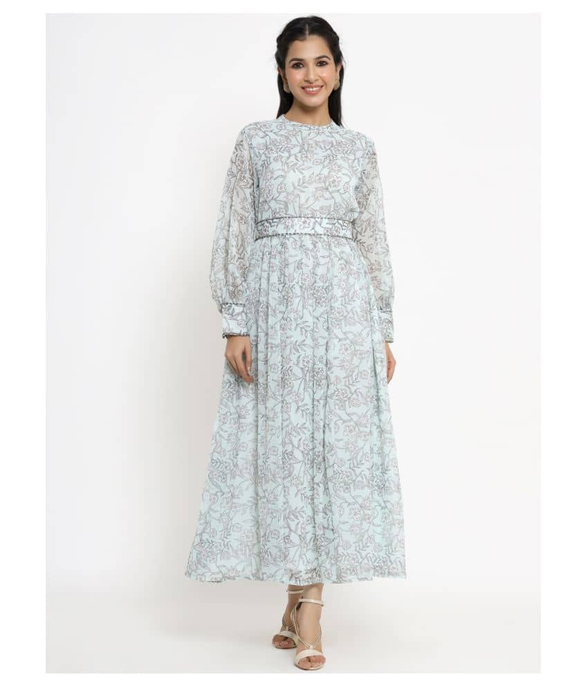 Juniper Women Chiffon Printed Ethnic Dress ( Light Blue )