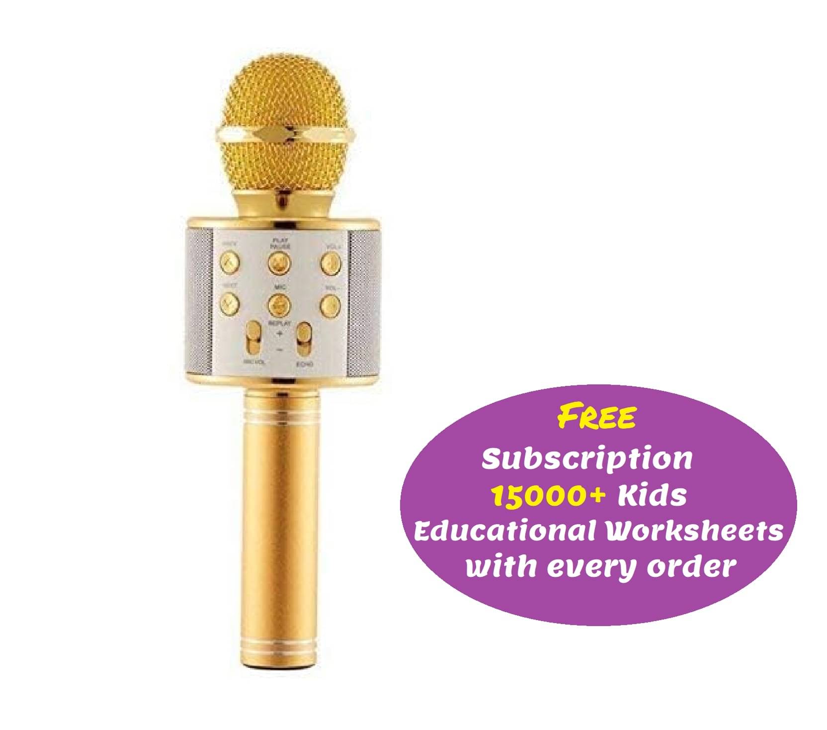 Kidsaholic Wireless Mic Advance Handheld Wireless Singing Mike Multi-Function Bluetooth Karaoke Mic with Microphone Speaker for All Smart Phone (Multicolor- Colour May Vary ) (Free subscription of kids Educational worksheets)     			Kidsaholic Wireless Mic Advance Handheld Wireless Singing Mike Multi-Function Bluetooth Karaoke Mic with Microphone Speaker for All Smart Phone (Multicolor- Colour May Vary ) (Free subscription of kids Educational worksheets)