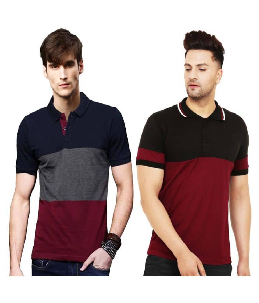 Leotude Pack of 2 Cotton Blend Regular Fit Colorblock Half Sleeves Men's Polo T Shirt ( Multicolor )