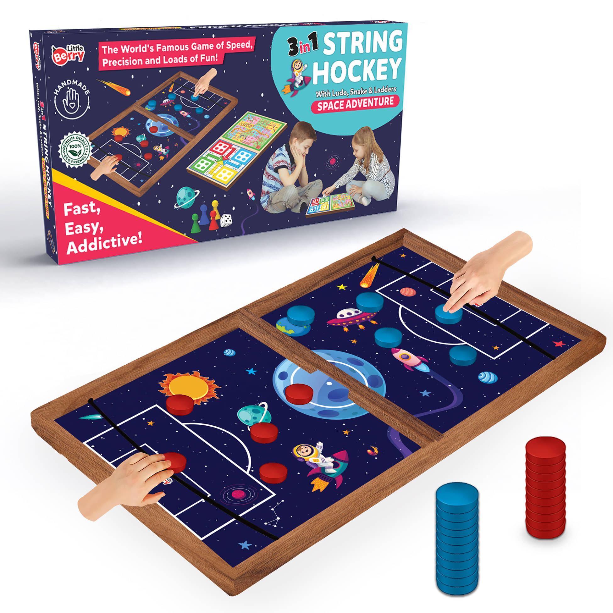 Little Berry String Hockey Table Board Games for Adults & Kids - Space Adventure Theme | 3 in 1 Wooden Fastest Finger First Indoor Game With Ludo & Snakes Ladder | Sling Puck Board Hockey Toy Big Size Little Berry String Hockey Table Board Games for Adults & Kids - Space Adventure Theme | 3 in 1 Wooden Fastest Finger First Indoor Game With Ludo & Snakes Ladder | Sling Puck Board Hockey Toy Big Size