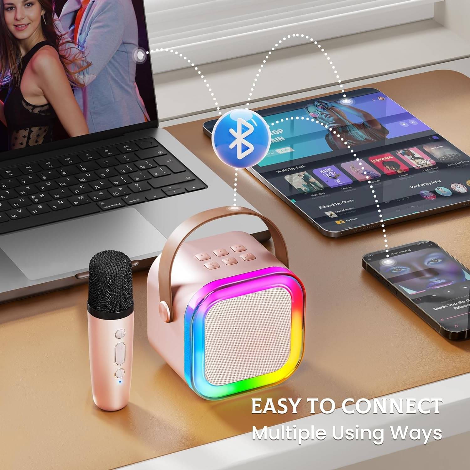     			Mini Bluetooth Speaker with Mini Wireless Karaoke Mic, RGB Lights, Voice Change Effects & Type C Fast Charging Port
