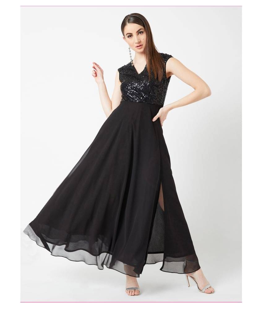 Miss Chase Women Polyester Embellished A-line Dress ( Black ) Miss Chase Women Polyester Embellished A-line Dress ( Black )