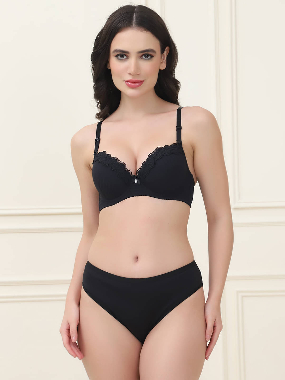PrettyCat Pack of 1 Polyester Bra & Panty Set For Women ( Black ) PrettyCat Pack of 1 Polyester Bra & Panty Set For Women ( Black )
