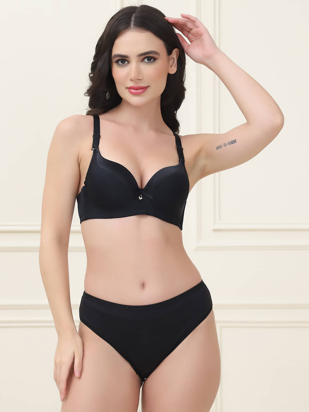 PrettyCat Pack of 1 Satin Bra & Panty Set For Women ( Black )
