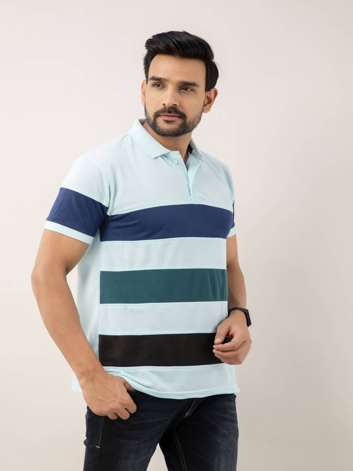 STYLE ACCORD Pack of 1 Cotton Blend Regular Fit Colorblock Half Sleeves Men's Polo T Shirt ( Aqua ) STYLE ACCORD Pack of 1 Cotton Blend Regular Fit Colorblock Half Sleeves Men's Polo T Shirt ( Aqua )