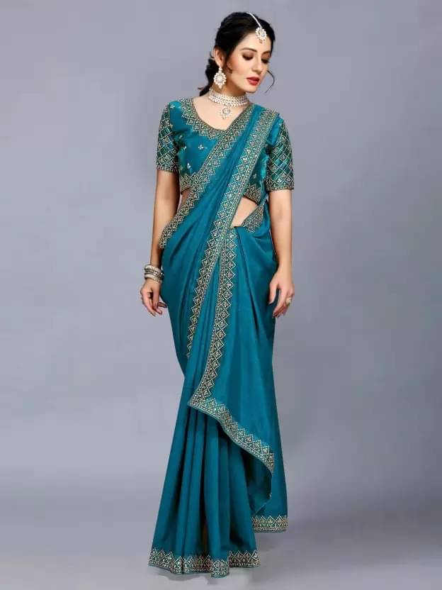 Samai Georgette Solid Saree With Unstitched Blouse Piece ( Rama ) Samai Georgette Solid Saree With Unstitched Blouse Piece ( Rama )