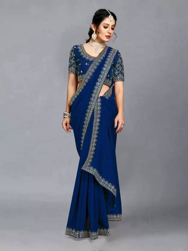     			Samai Georgette Solid Saree With Unstitched Blouse Piece ( Navy Blue )