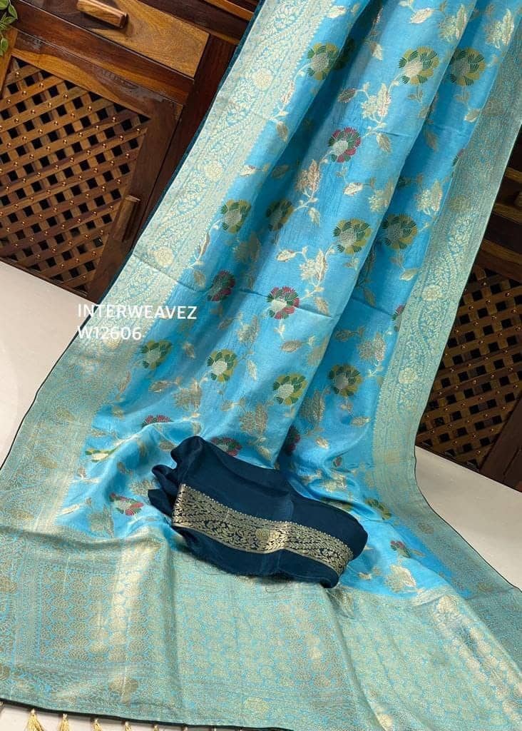 fab woven Kanjivaram Silk Woven Saree With Unstitched Blouse Piece ( Turquoise ) - Sarees | Buy online on ZillyBuy