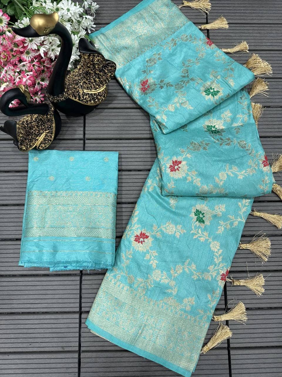 fab woven Kanjivaram Silk Woven Saree With Unstitched Blouse Piece ( Turquoise ) - Sarees | Buy online on ZillyBuy