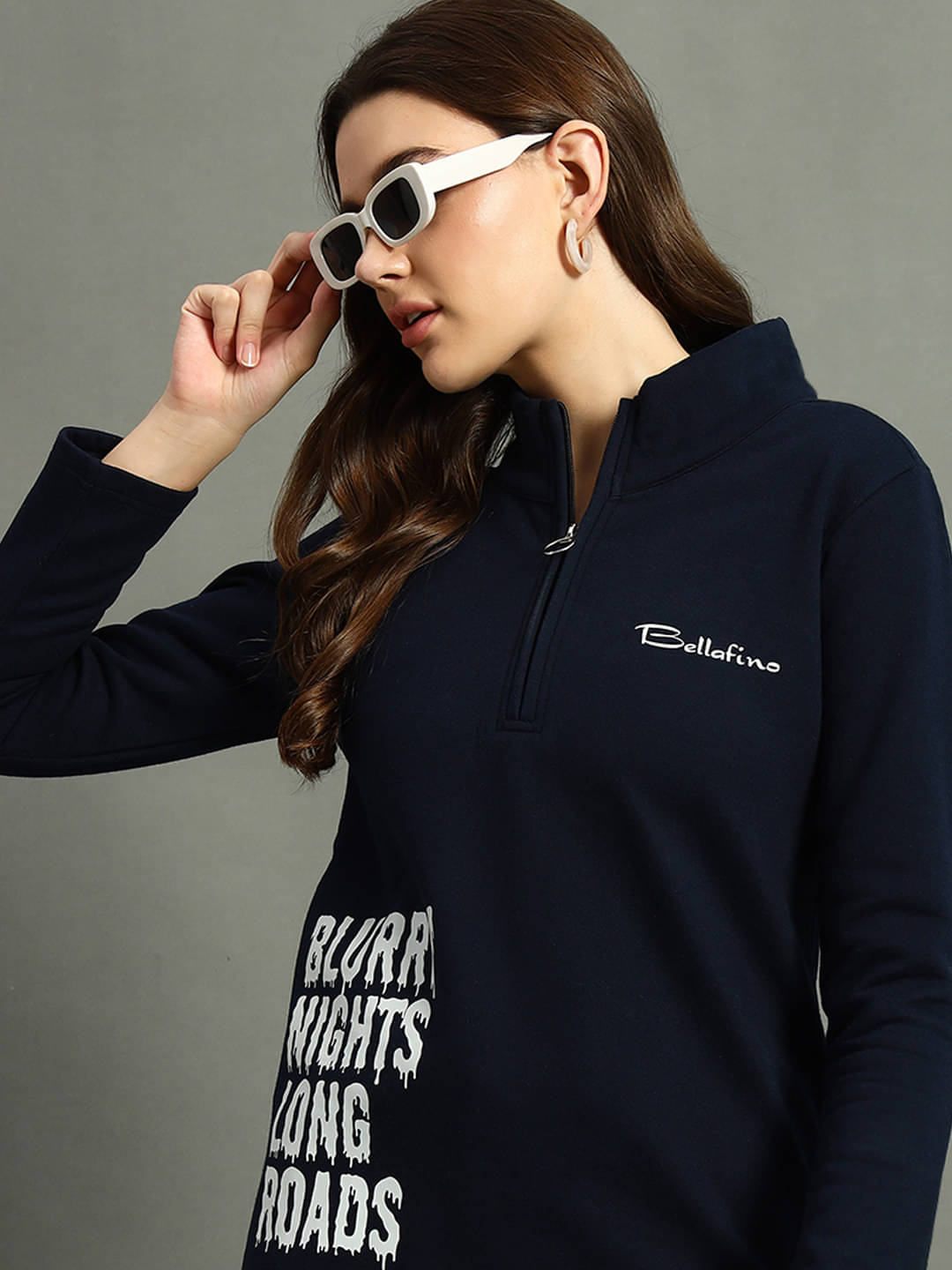 BELLAFINO Women Fleece Sweatshirt ( Navy Blue )     			BELLAFINO Women Fleece Sweatshirt ( Navy Blue )