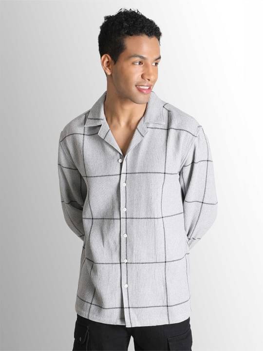 Bene Kleed Men Classic Cuban Collar Windowpane Checked Cotton Relaxed Fit Casual Shirt Bene Kleed Men Classic Cuban Collar Windowpane Checked Cotton Relaxed Fit Casual Shirt