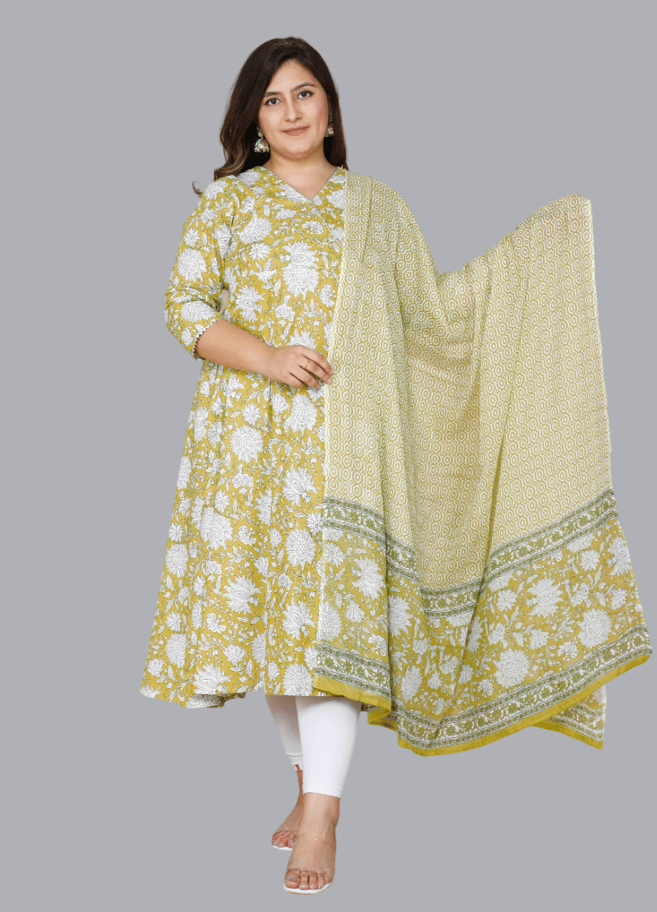 Doriyaan Cotton Printed Anarkali Women's Kurti - Yellow ( Pack of 1 )     			Doriyaan Cotton Printed Anarkali Women's Kurti - Yellow ( Pack of 1 )