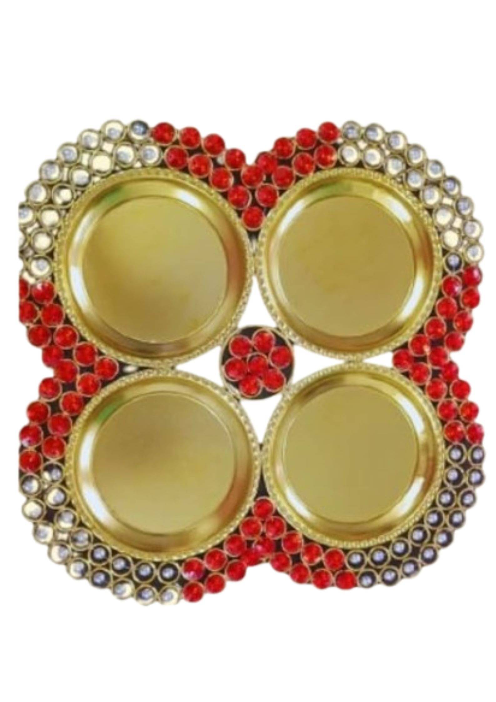 Double Red Stone 4 Portion Pooja Aarti Thali for Home, Diwali Pooja Thali Double Red Stone 4 Portion Pooja Aarti Thali for Home, Diwali Pooja Thali