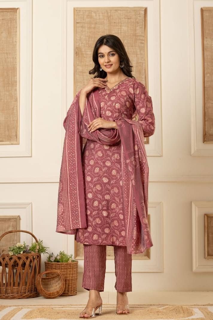     			Flamboyant Chanderi Printed Kurti With Pants Women's Stitched Salwar Suit - Peach ( Pack of 1 )