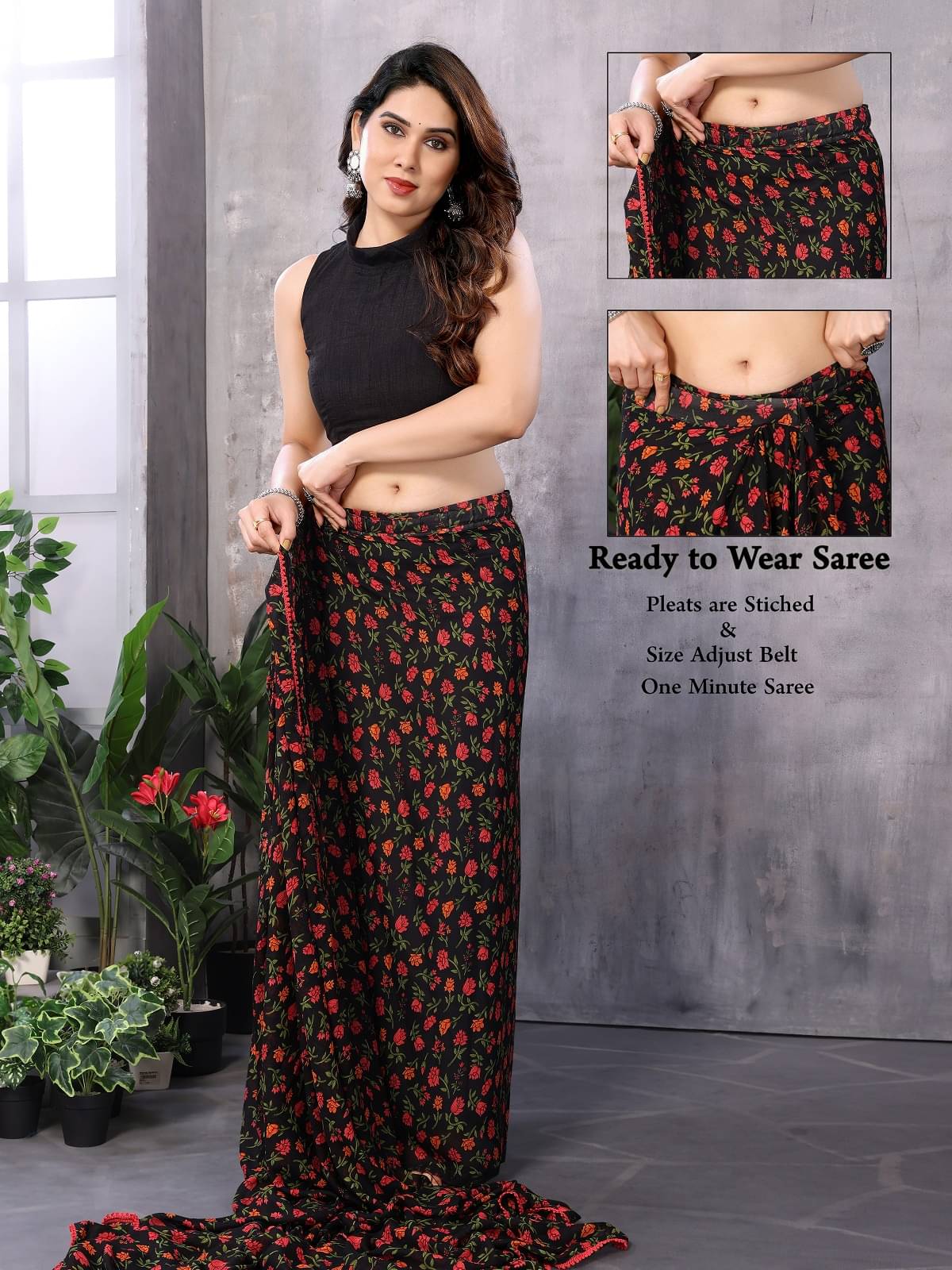 Gazal Fashions Georgette Printed Saree With Unstitched Blouse Piece ( Black ) Gazal Fashions Georgette Printed Saree With Unstitched Blouse Piece ( Black )