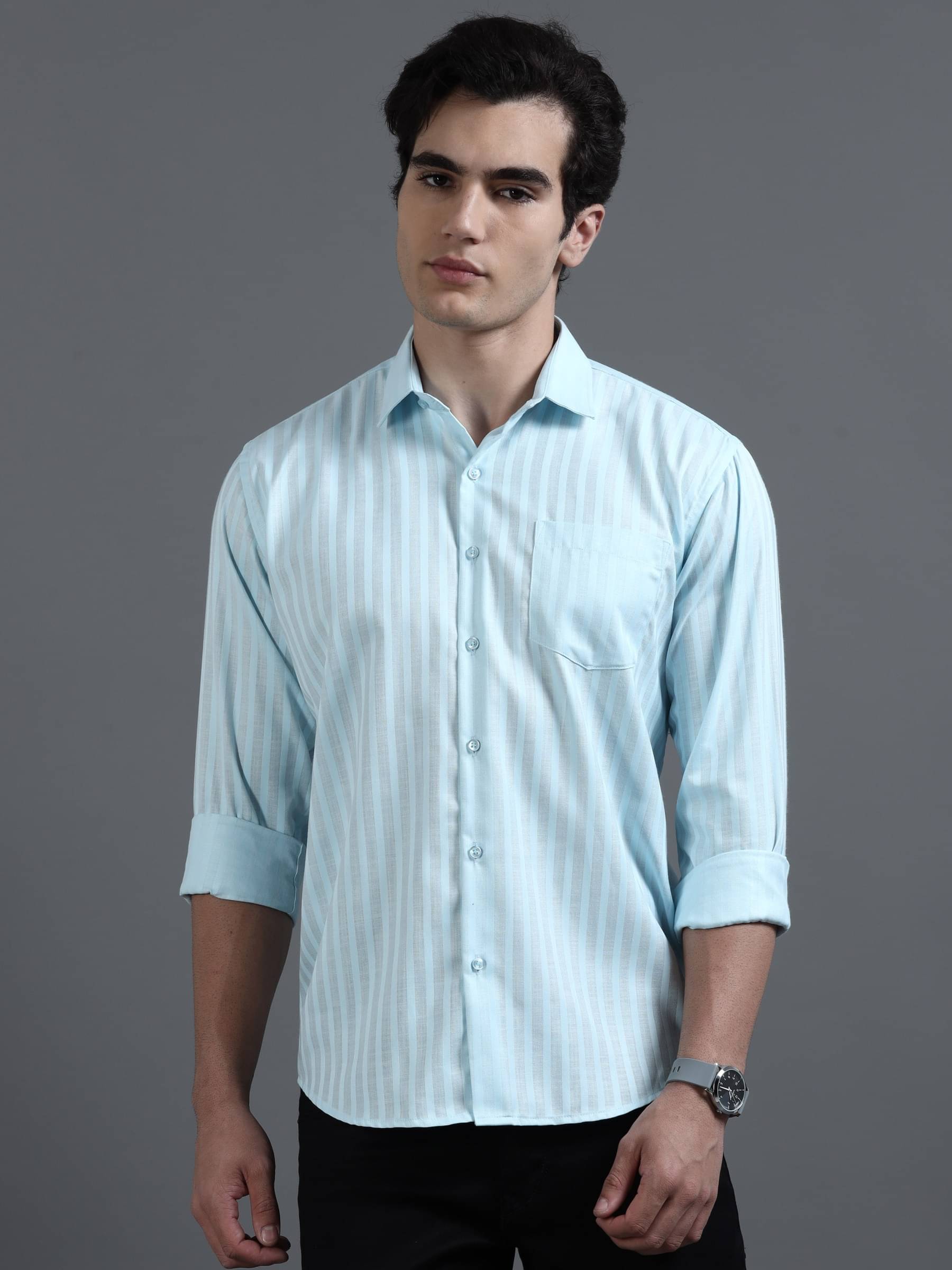 HETIERS Cotton Blend Regular Fit Striped Full Sleeves Men's Casual Shirt - Light Blue ( Pack of 1 ) HETIERS Cotton Blend Regular Fit Striped Full Sleeves Men's Casual Shirt - Light Blue ( Pack of 1 )