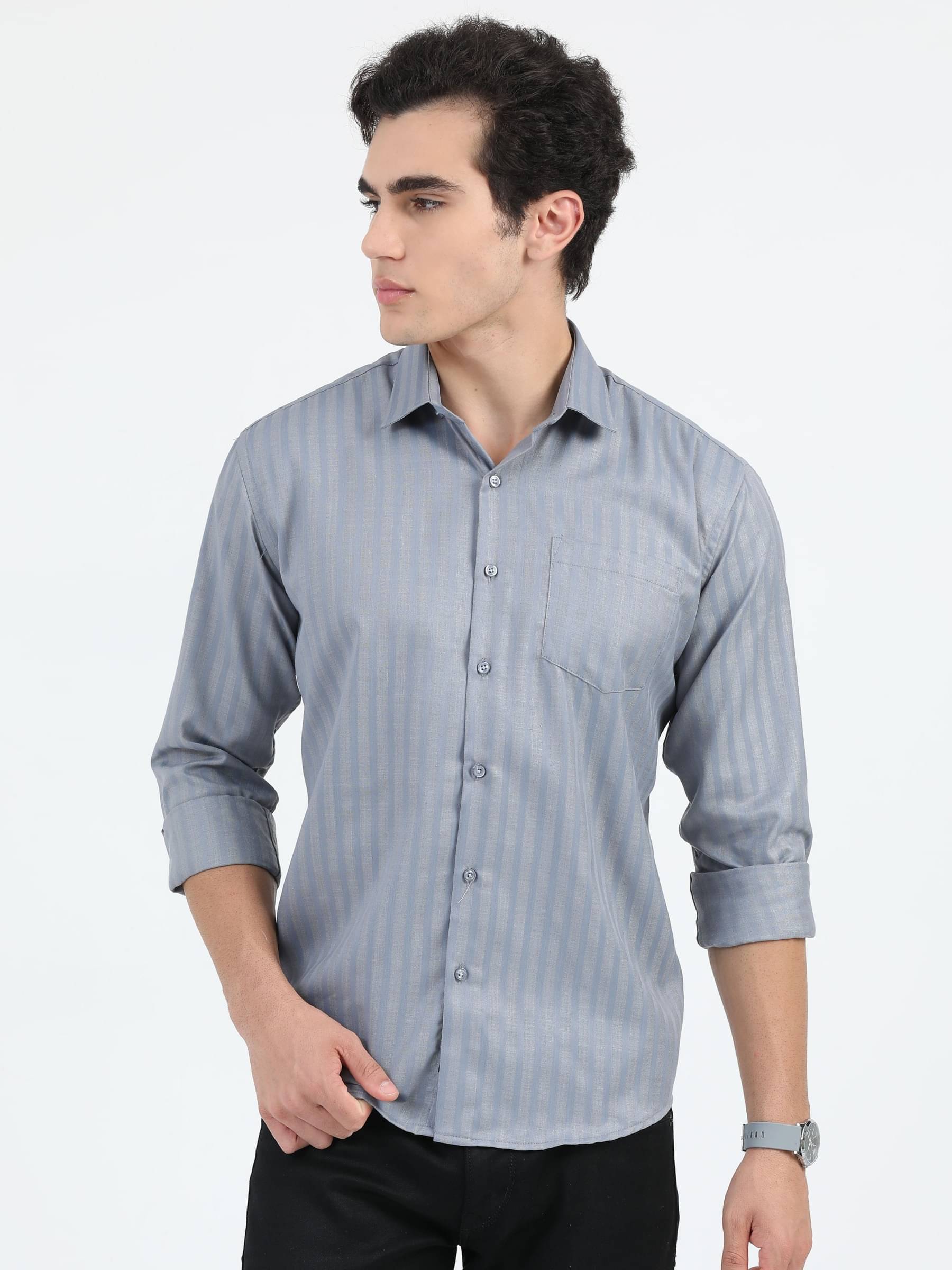 HETIERS Cotton Blend Regular Fit Striped Full Sleeves Men's Casual Shirt - Grey ( Pack of 1 ) HETIERS Cotton Blend Regular Fit Striped Full Sleeves Men's Casual Shirt - Grey ( Pack of 1 )