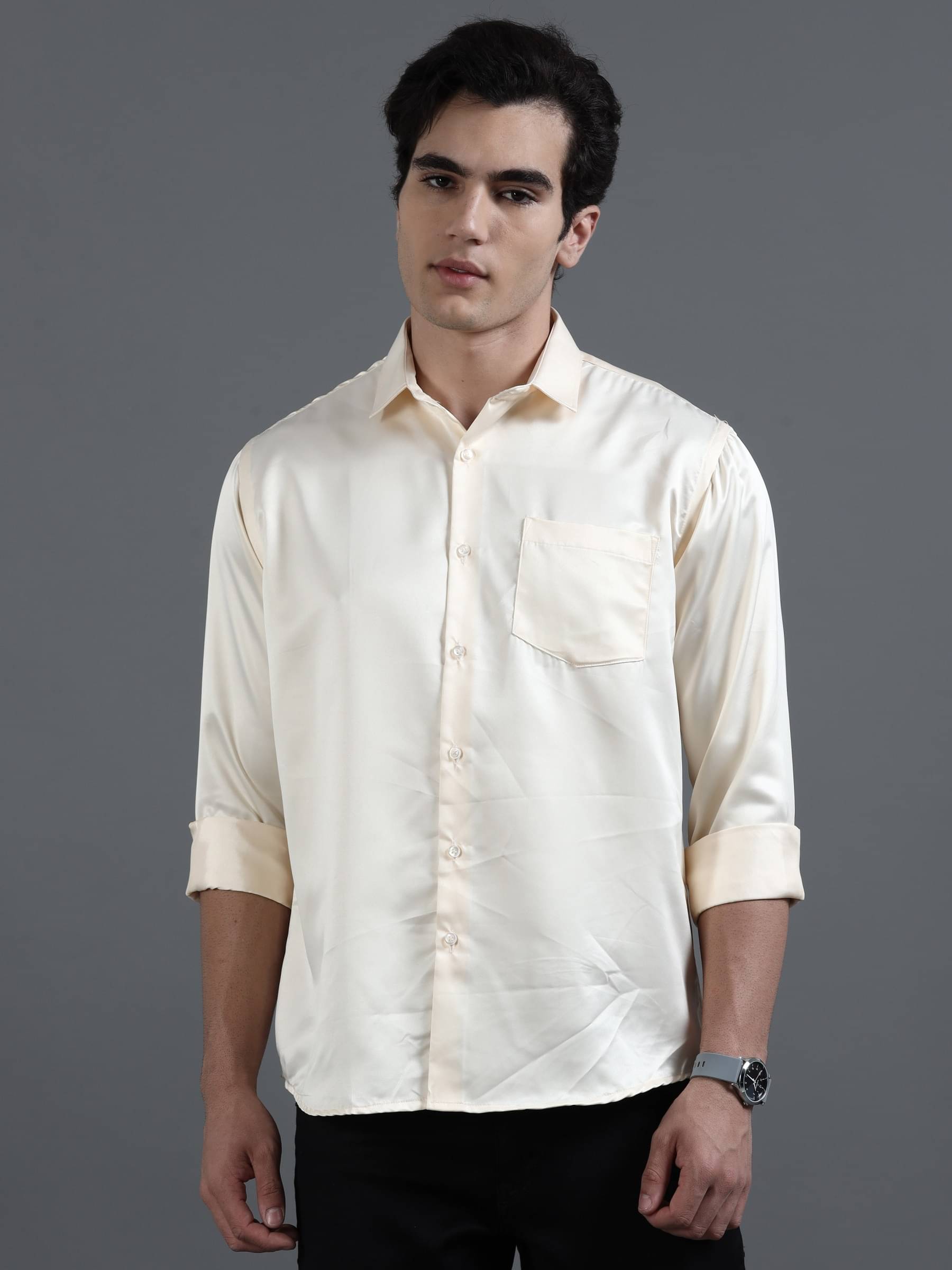     			HETIERS Satin Regular Fit Solids Full Sleeves Men's Casual Shirt - Cream ( Pack of 1 )