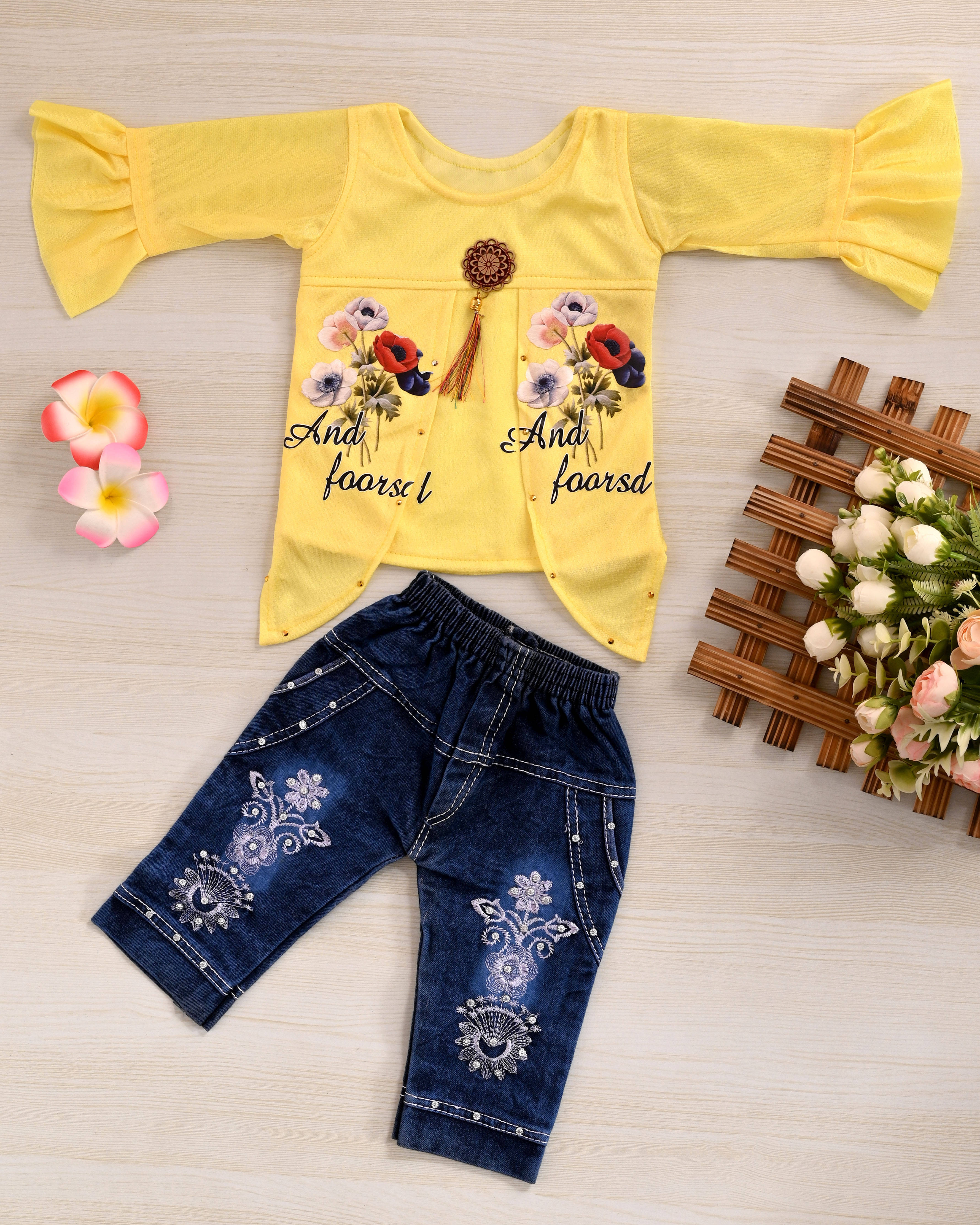     			MAXZEN Pack of 1 Girls Cotton Blend Top With Jeans ( Yellow )