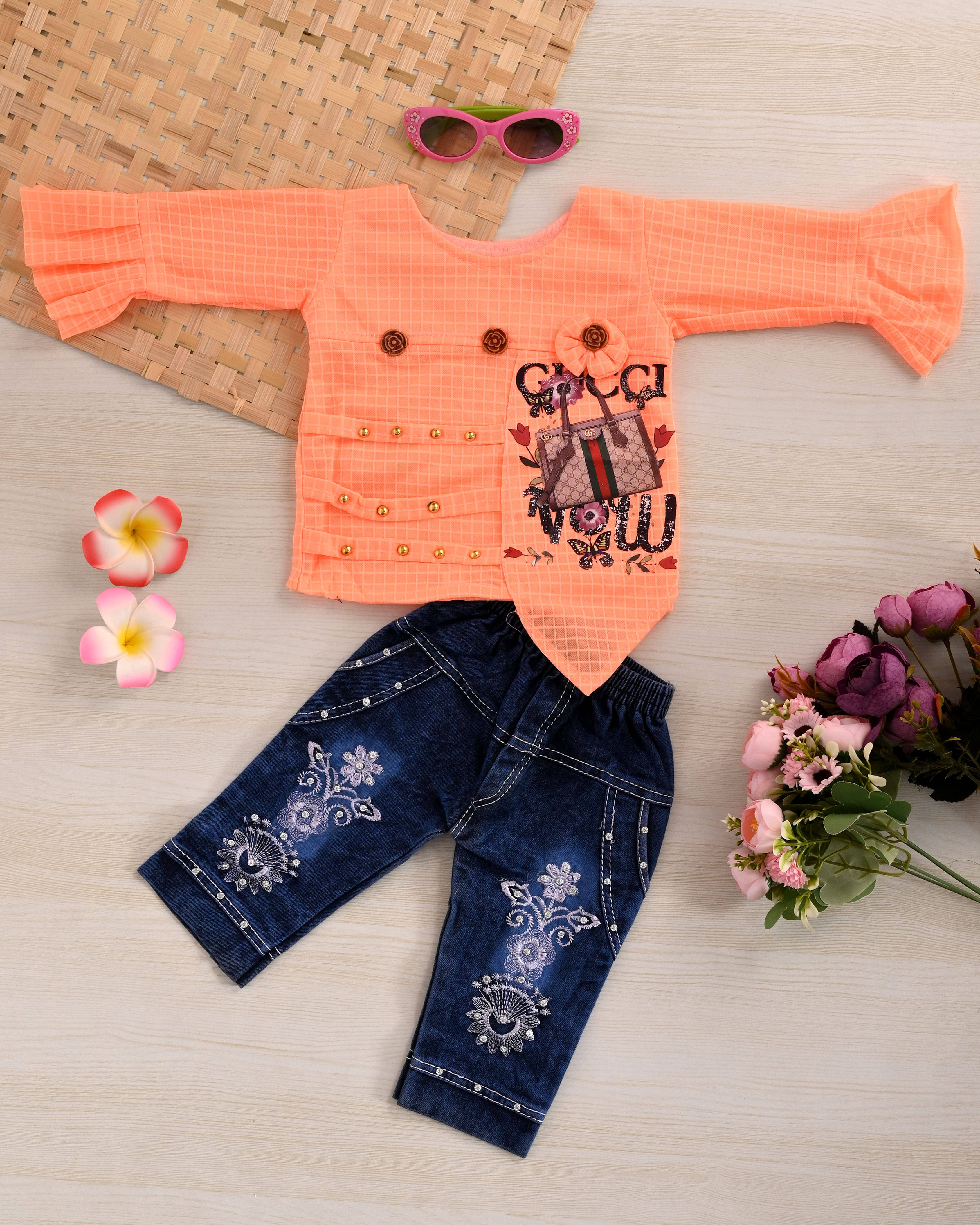     			MAXZEN Pack of 1 Girls Cotton Blend Top With Jeans ( PeachPuff )