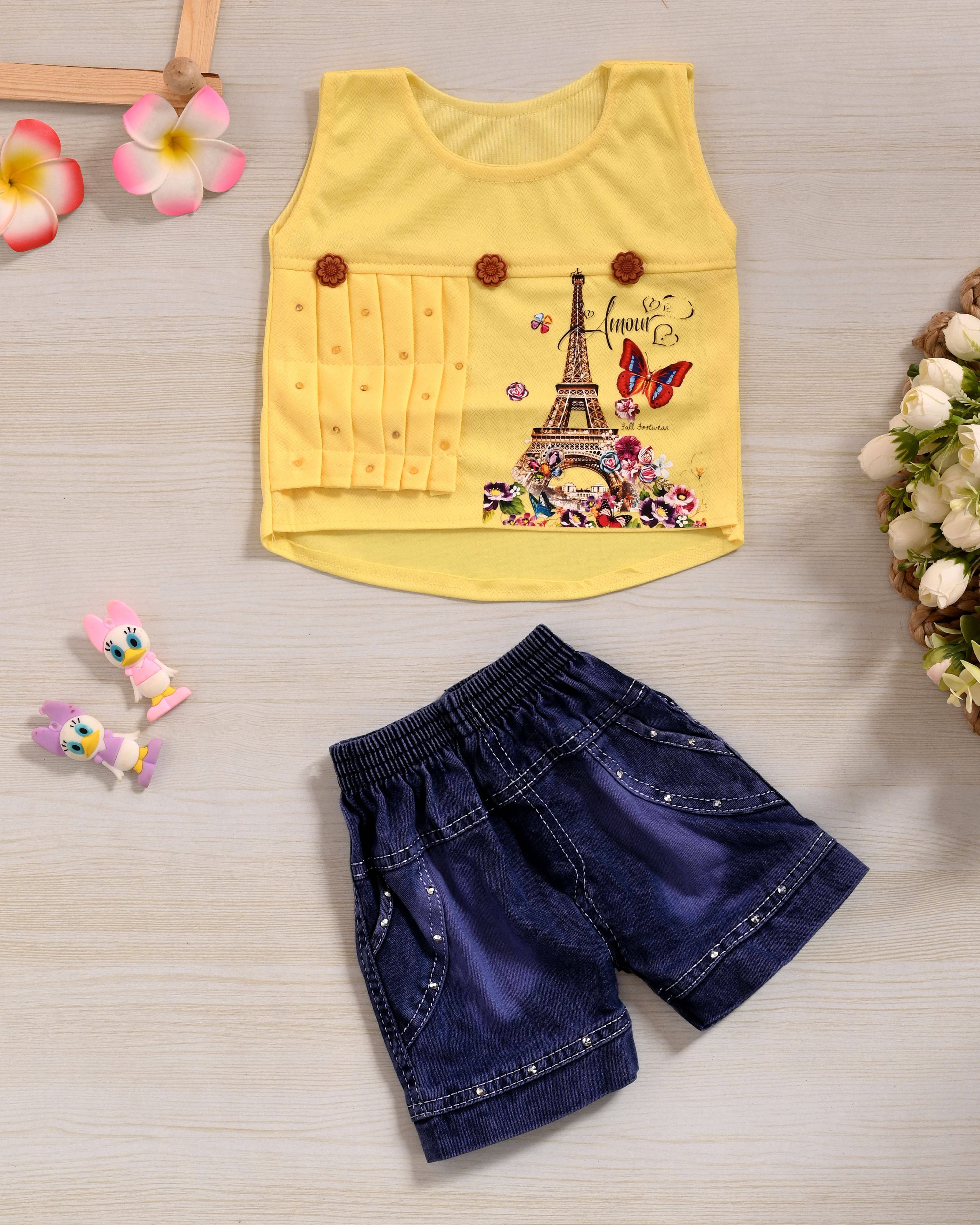     			MAXZEN Pack of 1 Girls Cotton Blend Top With Shorts ( Yellow )