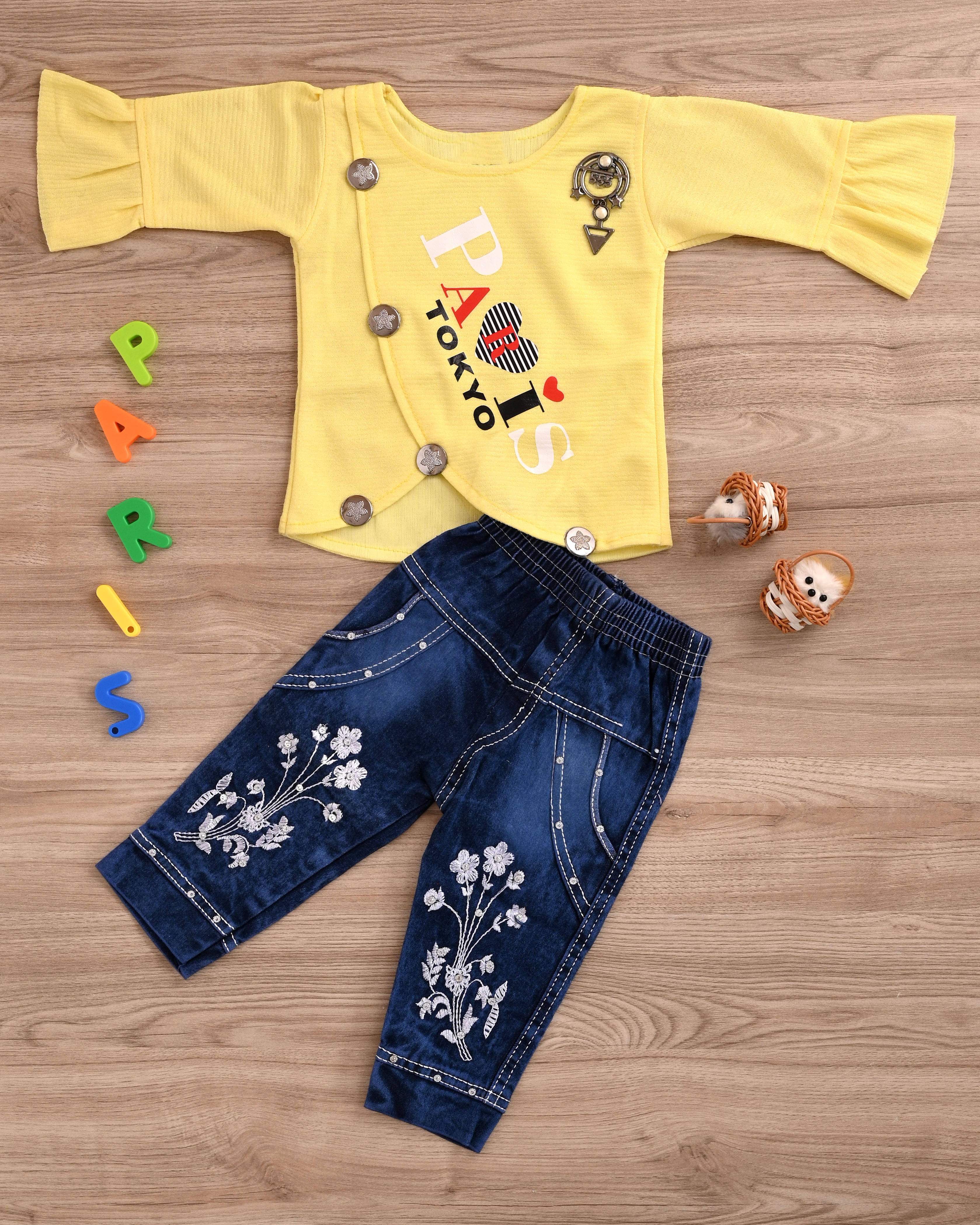     			MAXZEN Pack of 1 Girls Cotton Blend Top With Jeans ( Yellow )