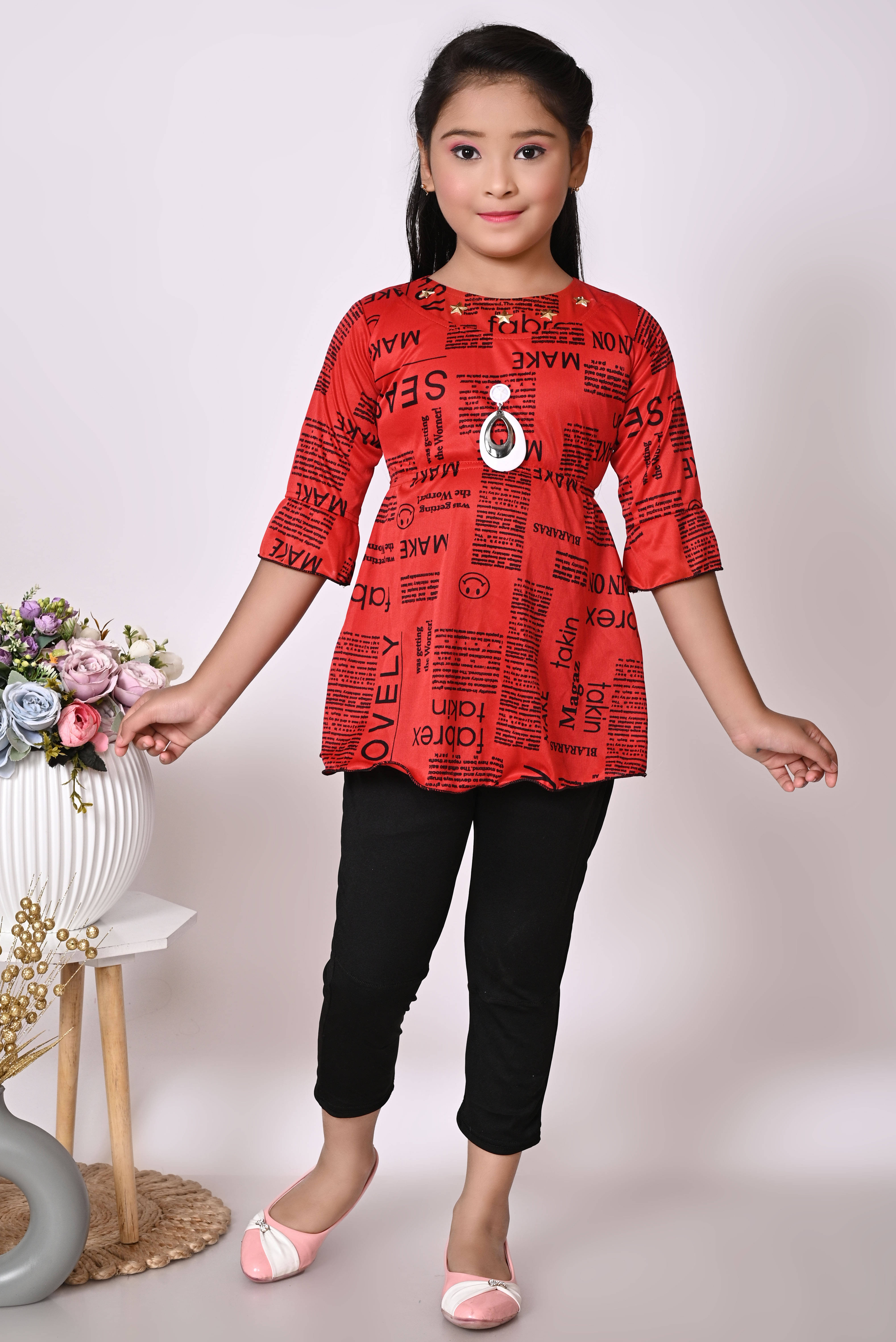     			MAXZEN Pack of 1 Girls Cotton Blend Top With Pants ( Red )