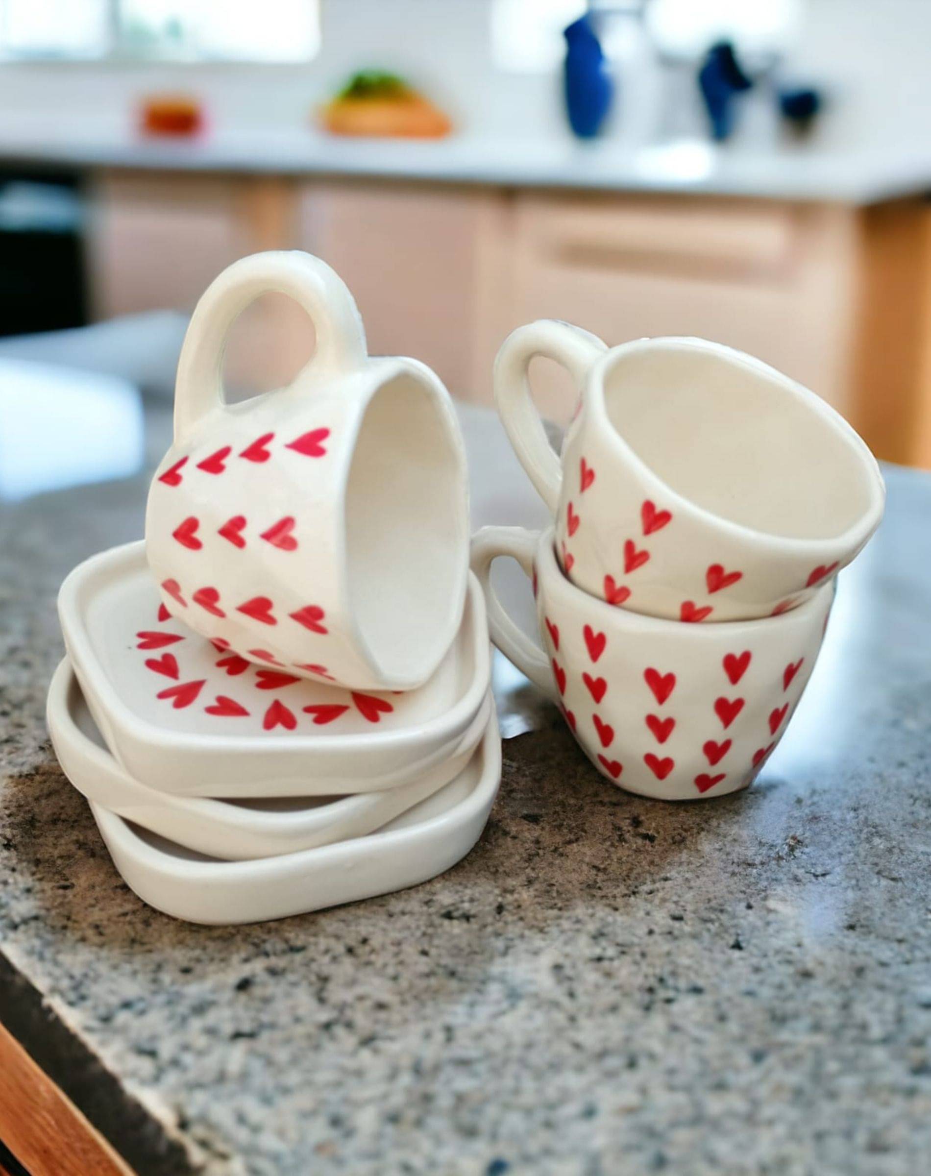     			Malaikah Red Hrt Cup saucer Printed Ceramic Tea Set 150 ml ( Pack of 3 )