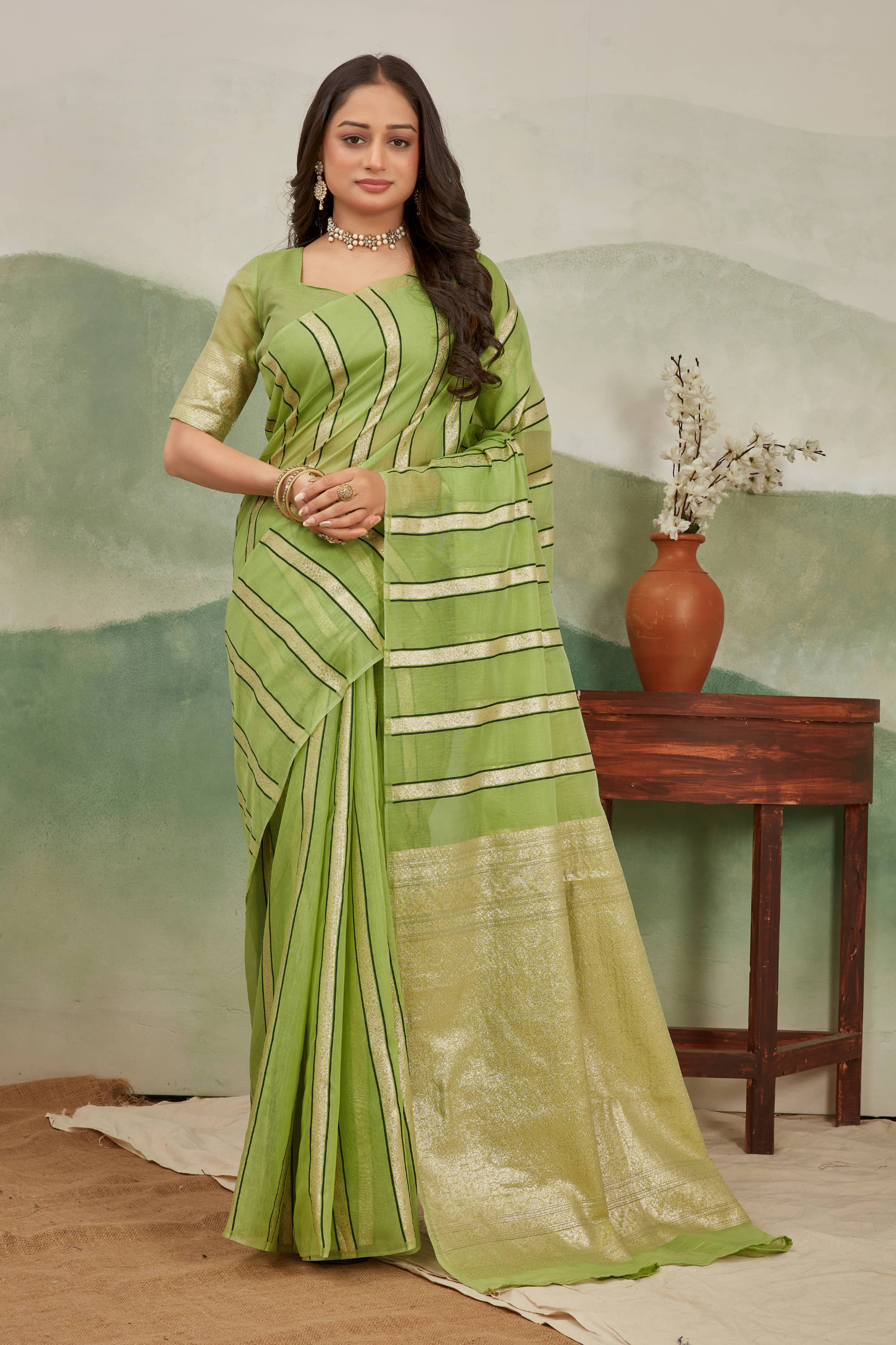 NENCY FASHION Cotton Silk Striped Saree With Unstitched Blouse Piece ( LightGreen ) NENCY FASHION Cotton Silk Striped Saree With Unstitched Blouse Piece ( LightGreen )