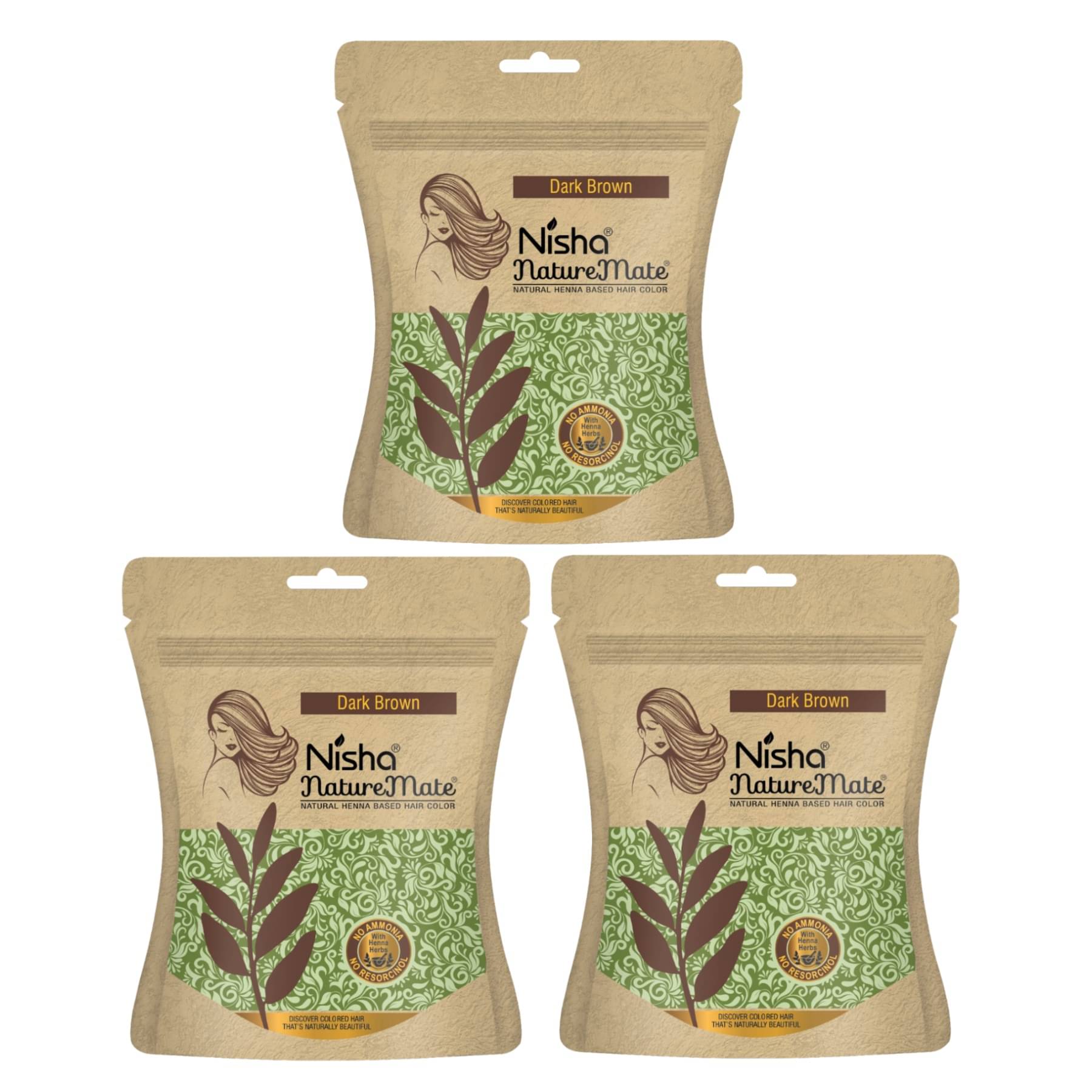 Nisha Nature Mate Henna Based Hair Colour Dark Brown 45gm Pack of 3, No Ammonia, No Resorcinol, 100% Grey Coverage Nisha Nature Mate Henna Based Hair Colour Dark Brown 45gm Pack of 3, No Ammonia, No Resorcinol, 100% Grey Coverage