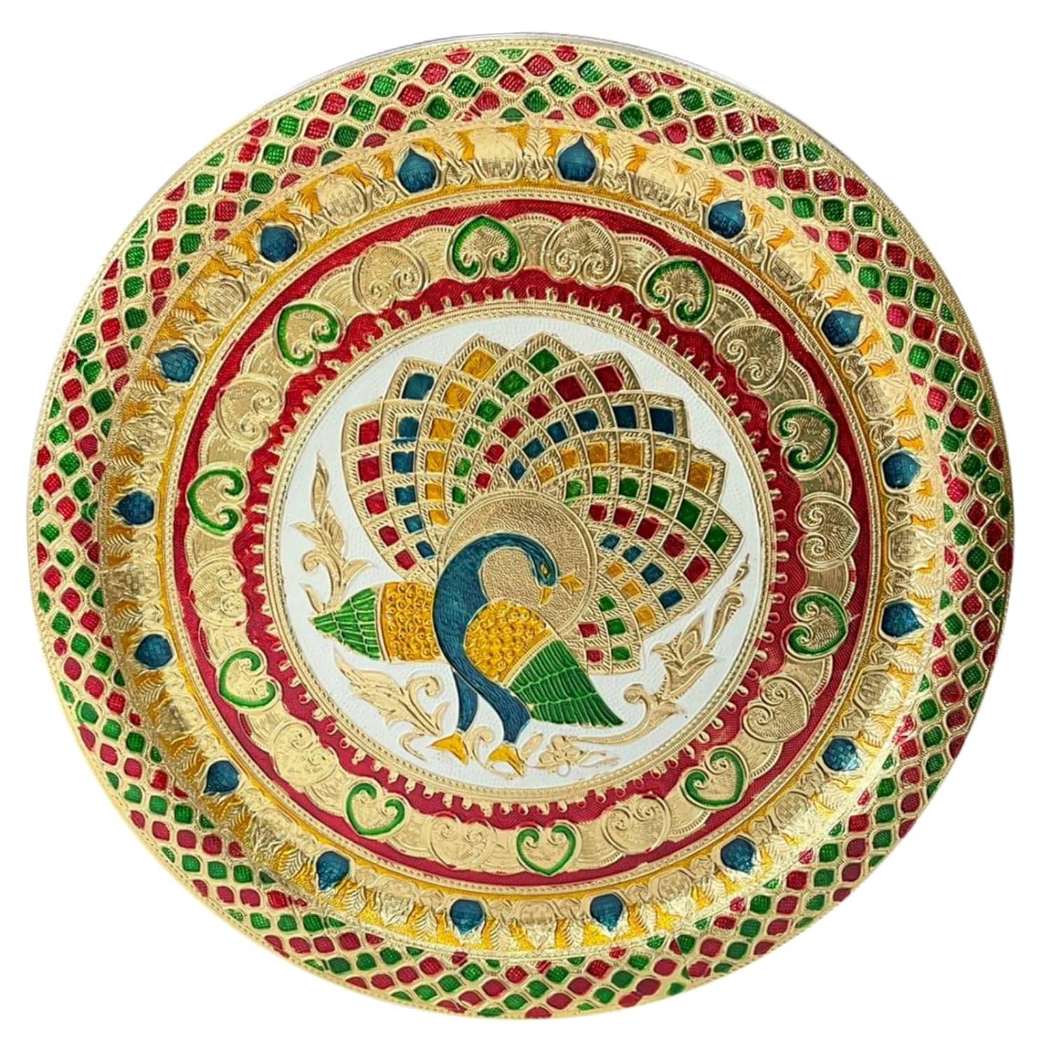 Pooja Thali For Occasion, Festival, Karwa Chauth, Beautiful Peacock Design Medium Size Thali     			Pooja Thali For Occasion, Festival, Karwa Chauth, Beautiful Peacock Design Medium Size Thali