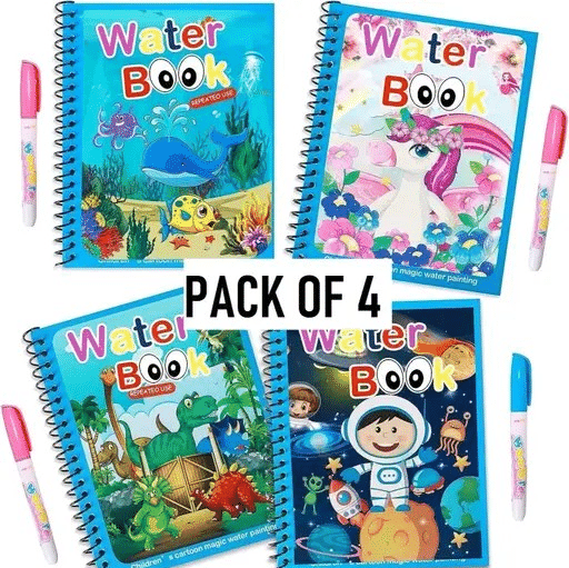 Reusable Magic Water Quick-Dry Coloring Book with Magic Pen – Doodle and Painting Board for Children's Educational Drawing Pad (Assorted Colors & Random Designs, Pack of 4) Reusable Magic Water Quick-Dry Coloring Book with Magic Pen – Doodle and Painting Board for Children's Educational Drawing Pad (Assorted Colors & Random Designs, Pack of 4)