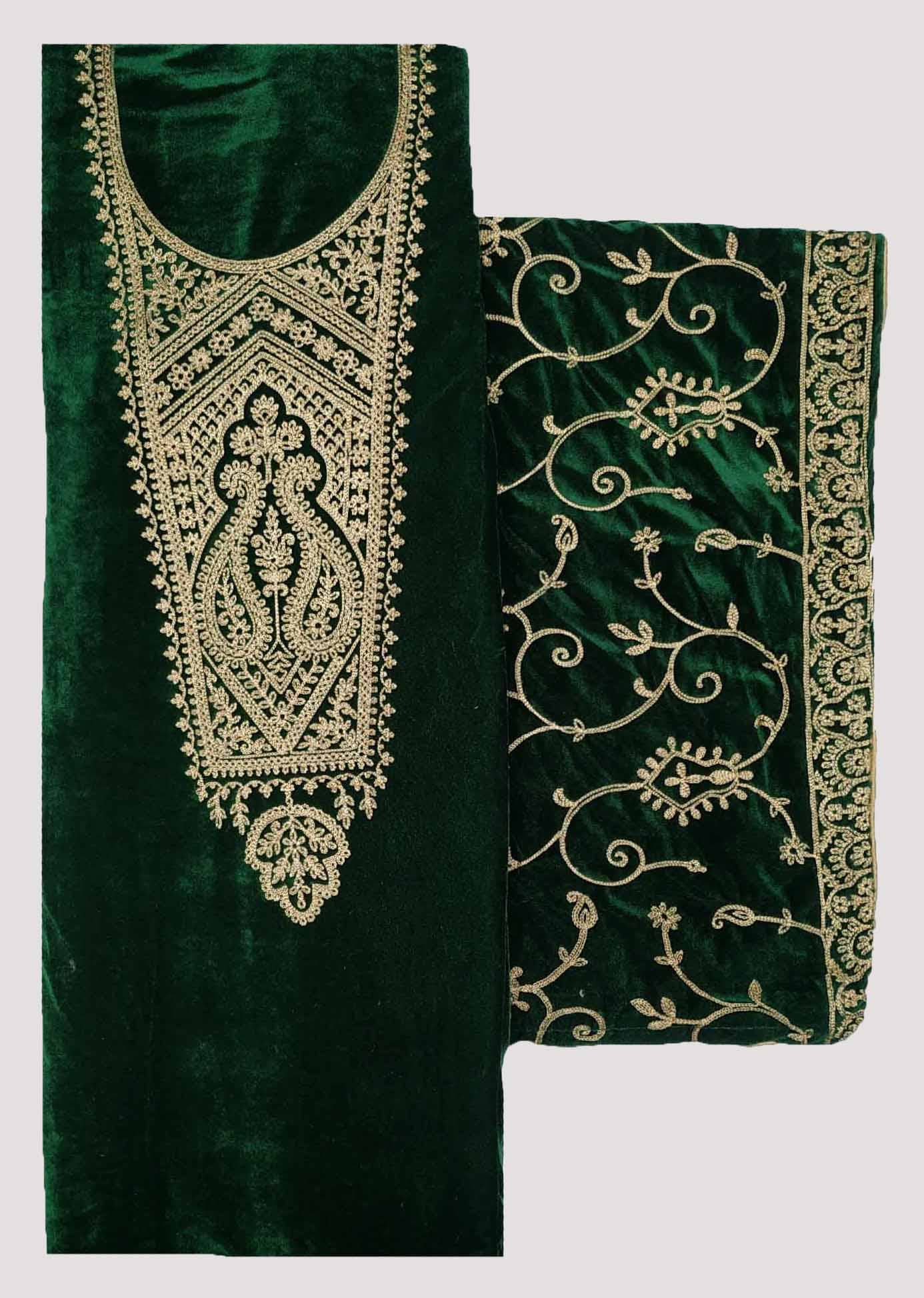 Soul Essence Unstitched Velvet Embroidered Dress Material - Green ( Pack of 1 ) - Unstitched Fabrics | Buy online on ZillyBuy