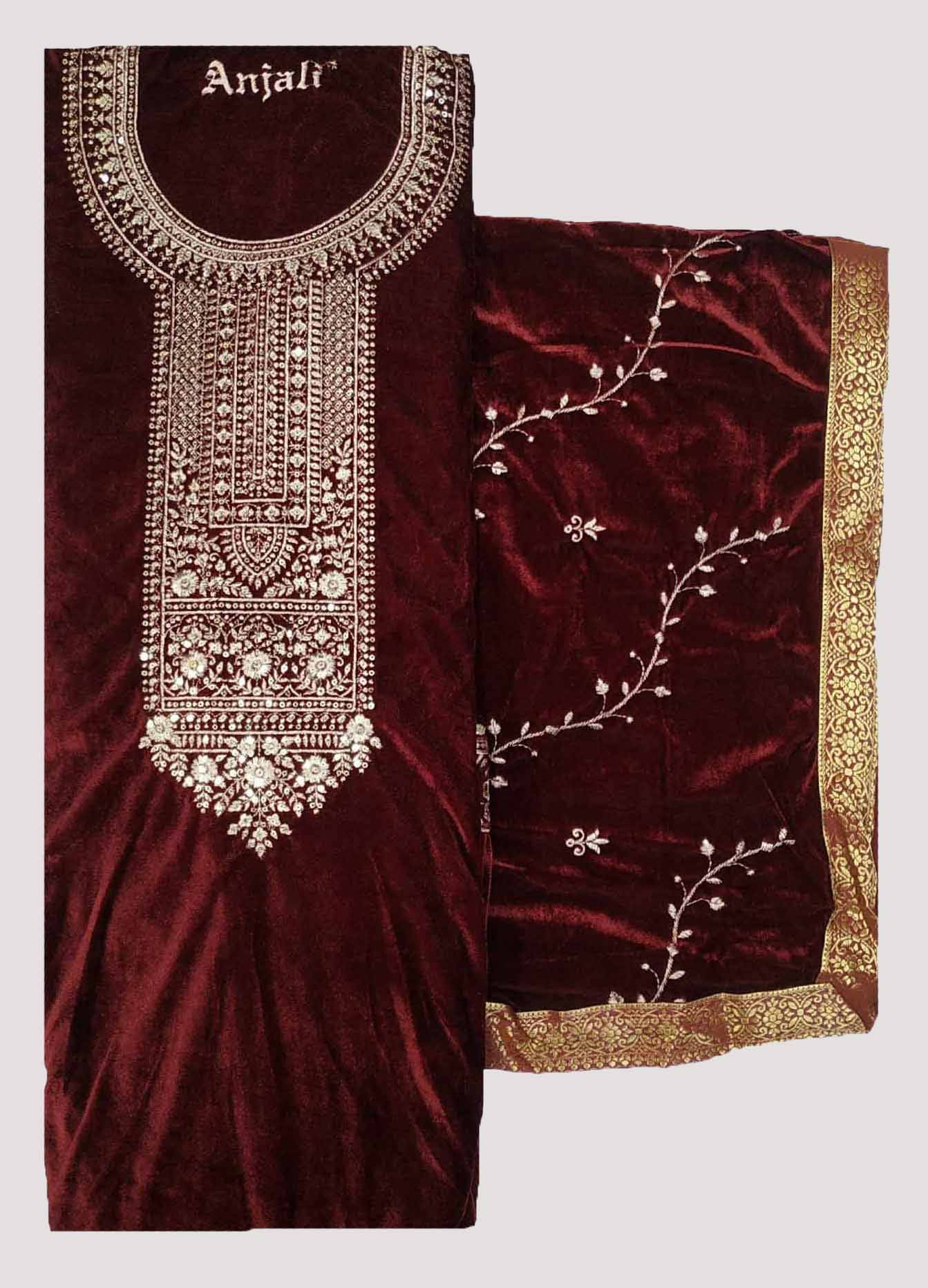     			Soul Essence Unstitched Velvet Embroidered Dress Material - Maroon ( Pack of 1 )