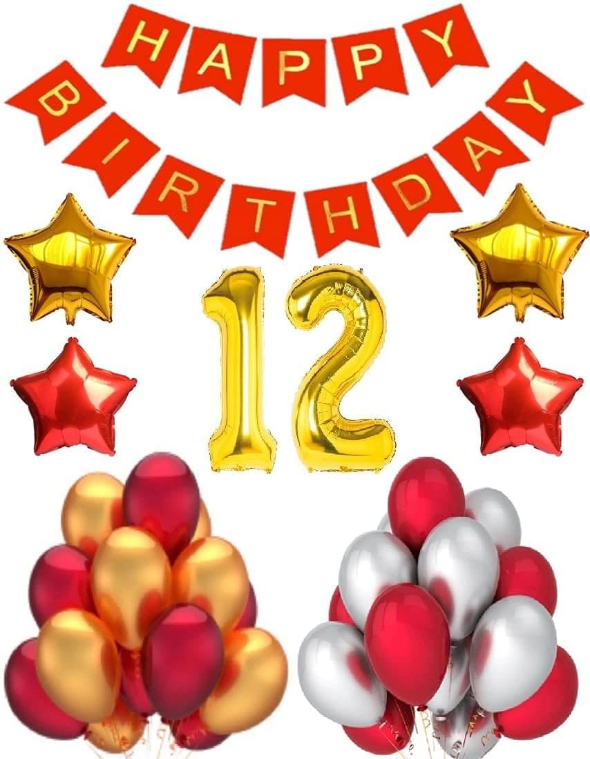     			Urban Classic RED GOLD SIVLER (12th Birthday) Happy Birthday Decoration Kit Combo of 48pc for Boys, Girls