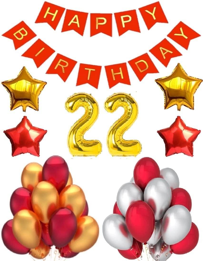 Urban Classic RED GOLD SIVLER (22nd Birthday)  Happy Birthday Decoration Kit Combo of 48pc for Boys, Girls     			Urban Classic RED GOLD SIVLER (22nd Birthday)  Happy Birthday Decoration Kit Combo of 48pc for Boys, Girls