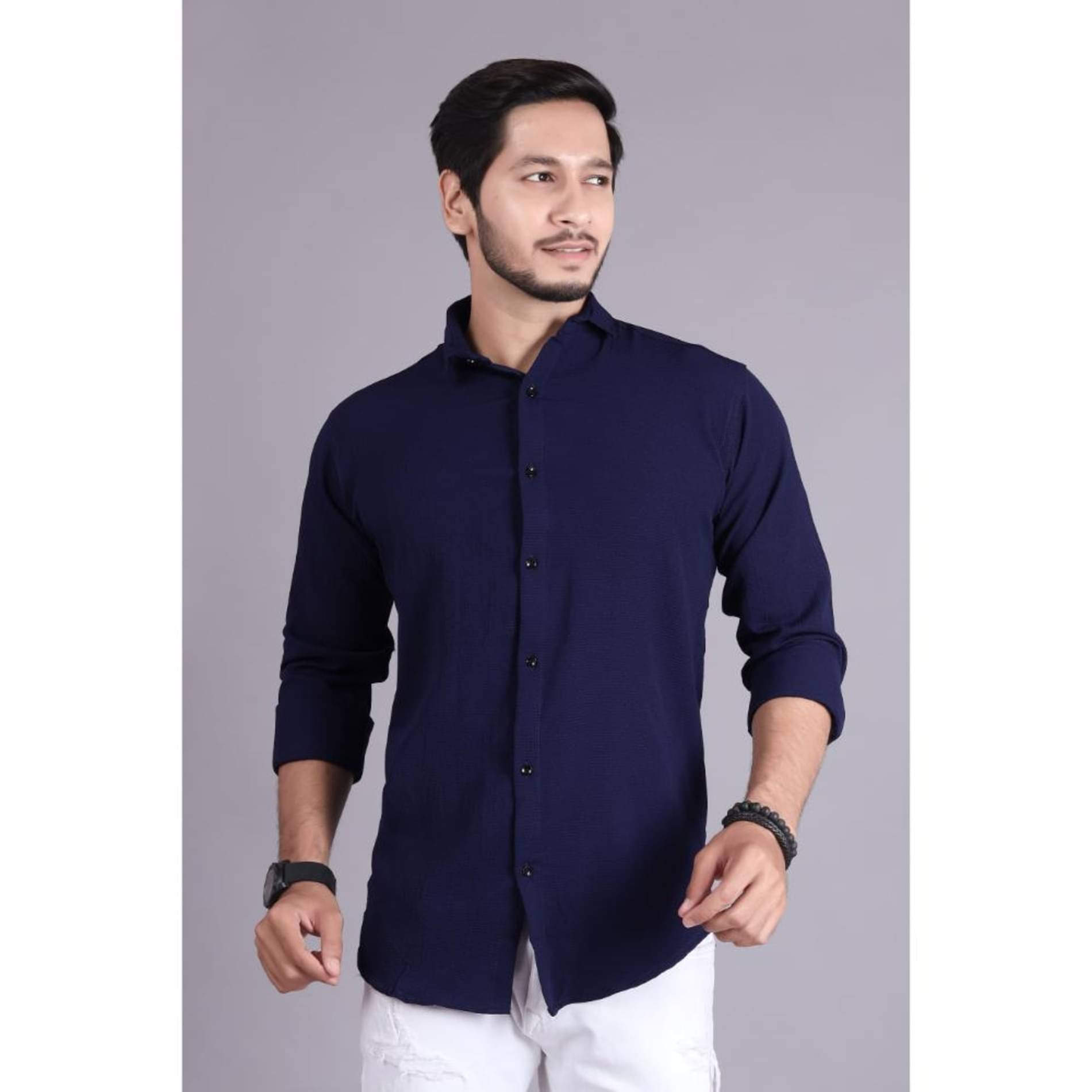     			Generic Cotton Blend Slim Fit Popcorn Textured Full Sleeves Men's Casual Shirt - Navy Blue ( Pack of 1 )